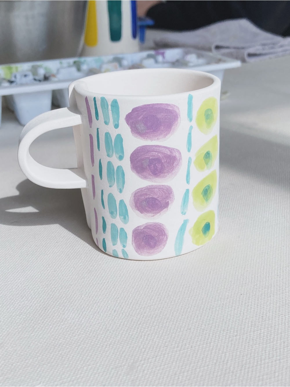 Hand-Painted White Ceramic Espresso cup with Purple, Teal, and Lime Dot Design